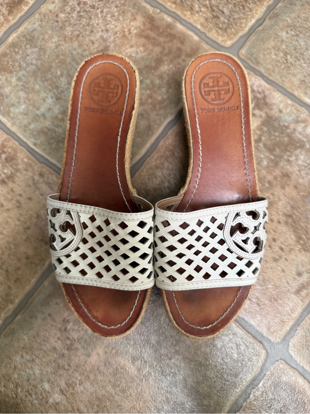 Tory Burch Ivory Cutout Leather Espadrille Slides